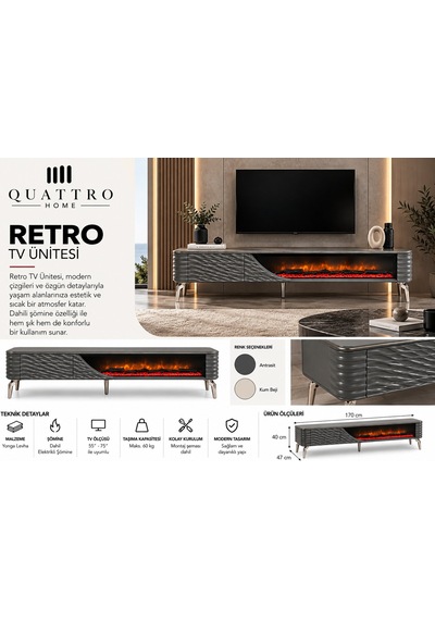 Retro Elektrikli Şömineli Tv Ünitesi 170 Cm Antrasit Krom Ayaklı Dalgalı Kapaklı Modern Tv Sehpası Retro Elektrikli Şömineli Tv Ünitesi 170 Cm Antrasit Krom Ayaklı Dalgalı Kapaklı Modern Tv Sehpası