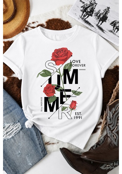 Spoyi Rose Forever Tasarımlı %100 Pamuk Yarım Oversize Beyaz T-lhirt