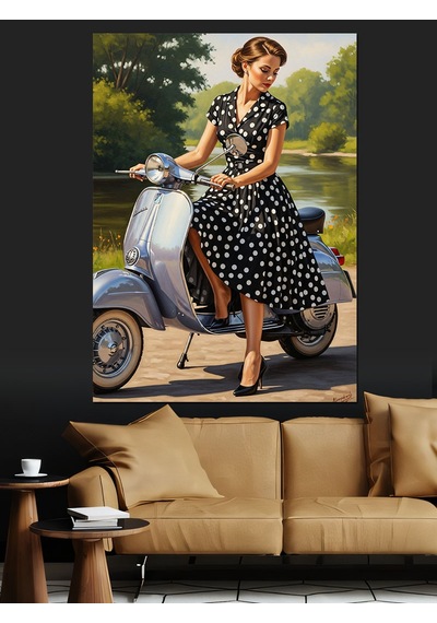 Ahşap Tablo Scooter Süren Siyah Beyaz Puantiye Elbiseli Vintage Kadın