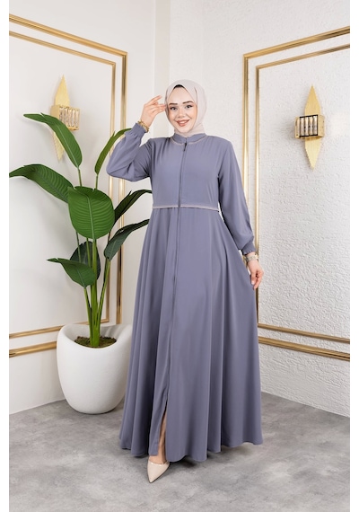 Nevayla Moda Yaka Ve Bel Nakış Detaylı Ferace - Gri / F0143 Gri