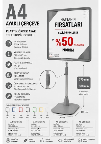 A4 Ayaklı Fiyat Etiketlik Teleskopik Borulu Çerçeve Etiketlik Yönlendirme Levhası Menü Panosu Gri