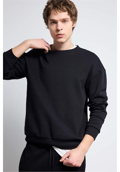 Defacto - 	Boxy Fit Bisiklet Yaka Basic Düz Pike Sweatshirt E1519AX25SP Siyah