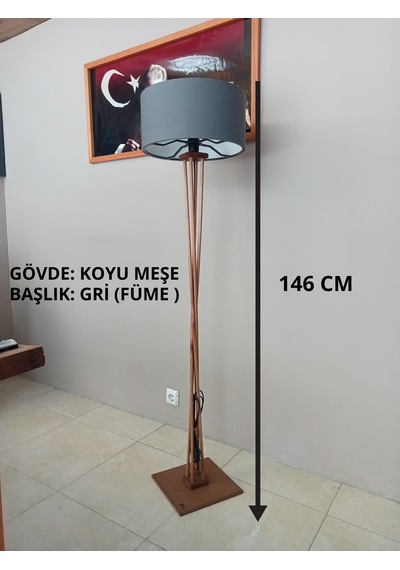Ahşap Lambader- Köşe Lambası- Gri Başlık- Koyu Meşe Gövde