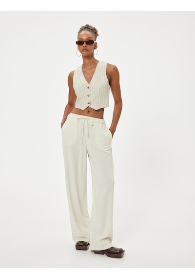 Koton Crop Yelek Keten Karışımlı Kolsuz V Yaka Düğmeli Slim Fit Bej Çizgili 4sal30085ıw Ekru