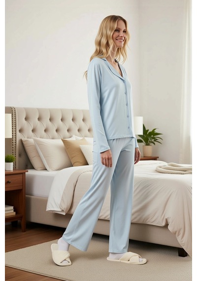 Benerly Kadın Gömlek Yaka Standart Kol Regular Kalıp Örme Pijama Takımı F mavi
