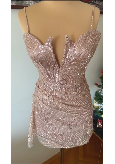 Chica Rosa Fashion Pul İşlemeli Göğüs Dekolteli Kısa Elbise Bronz