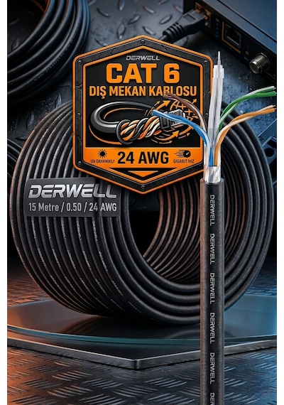 15 Metre Dış-iç Ortam Mekan Bakır Tel Cat6 Internet Kablosu Yüksek Hız 24 Awg 2 Katlı Ethernet Kablo