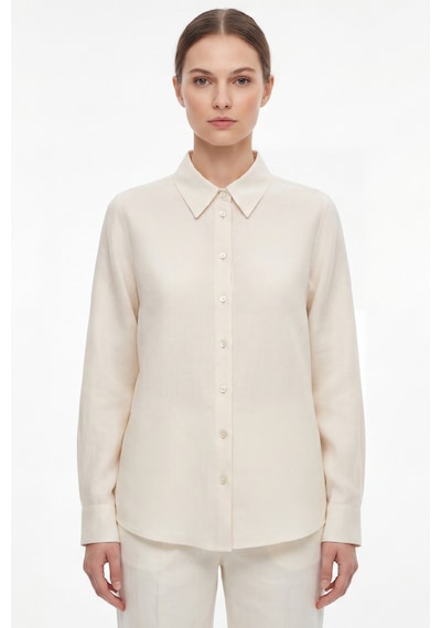 Goffra Kadın Gia %100 Doğal Keten Gömlek - Klasik Yaka Basic Minimalist Tasarım- Ekru W207-k0401-01