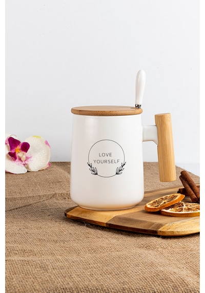 Bambu Kapaklı Kaşıklı Seramik Kupa