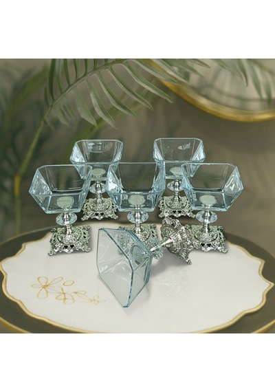 Elta Collection Karen 6 Parça Döküm Gümüş Ayaklı Sunumluk Seti Magnolia Dondurmalık Cup Çerezlik gümüş