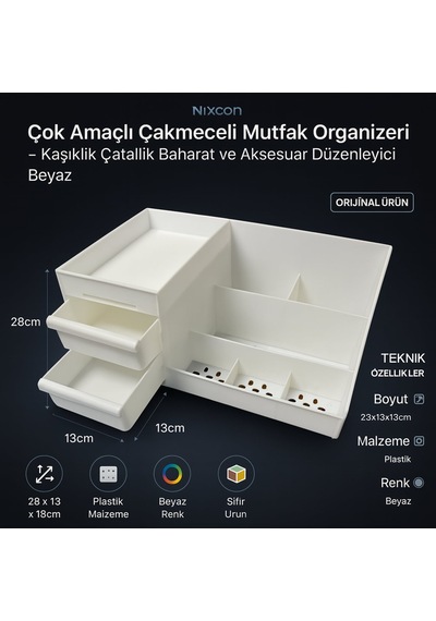 Çok Amaçlı Çekmeceli Mutfak Organizeri - Kaşıklık Çatallık Baharat Ve Aksesuar Düzenleyici Beyaz