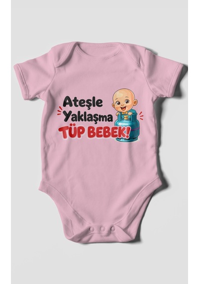 Morivokids Ateşle Yaklaşma Tüp Bebek Kısa Kollu Bebek Body %100 Pamuk Koyu Pembe