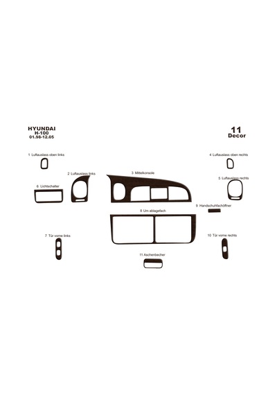 Hyundai H 100 Torpido Kaplama 1998-2004 11 Parça Koyu Meşe
