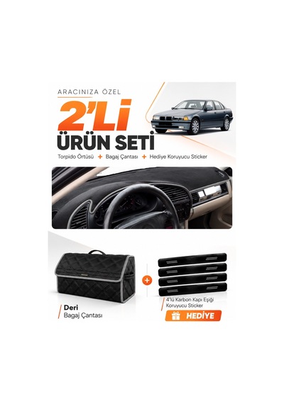 Bmw E36 1990-2000 Uyumlu Torpido Örtüsü + Deri Bagaj Çantası + Sticker Seti - Siyah Gri