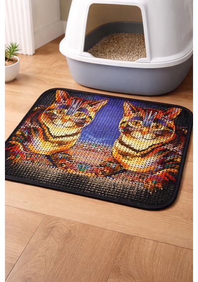 Petesia Ikiz Kaplan Elekli Desenli Kedi Tuvalet Önü Paspası 60x45 Cm