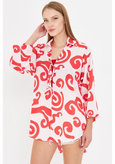 Armonika Kadın Kırmızı-beyaz Gömlek Yakalı Önden Bağcıklı Kimono Gömlek Arm-25k001006 Armonika Kadın Kırmızı-beyaz Gömlek Yakalı Önden Bağcıklı Kimono Gömlek Arm-25k001006