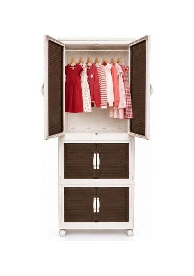 Modüler 3 Katlı Tekerlekli Gardırop & Çok Amaçlı Düzenleyici Dolap - 220 Lt Beyaz Beyaz