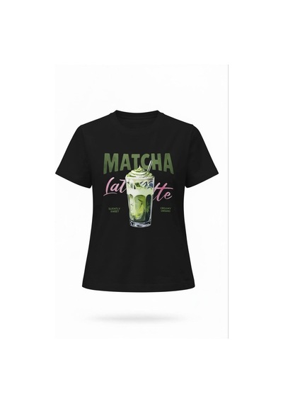 Kadın Siyah Matcha Latte Baskılı %100 Pamuk Tişört Siyah