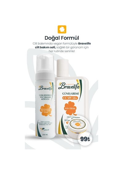 Bravelife Canlandırıcı Yüz Yıkama Köpüğü Ve Spf 50+ Güneş Koruyucu 2 Li Cilt Bakım Seti