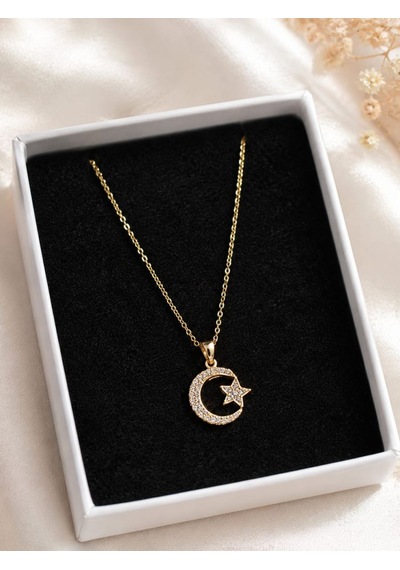 Ay Yıldız Zirkon Taşlı Gold Çelik Kolye Altın