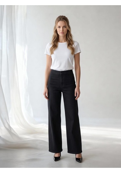 Nealirsanall.com Yüksek Bel Beli Lastikli Geniş Paça Kadın Jean Pantolon Siyah