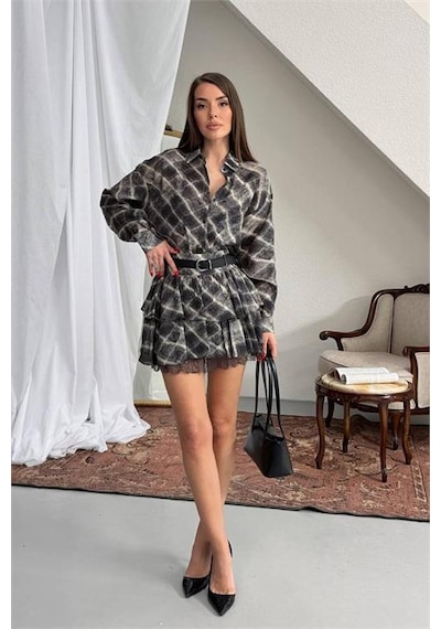Neşeli Butik Kadın Siyah Gömlek Yaka Kat Kat Ekose Desen Mini Elbise Nbnp025 Siyah