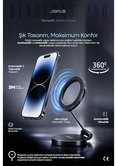 JOPUS 360° Dönebilen Magsafe Uyumlu Araç İçi Telefon Tutucu Katlanabilir Ayarlanabilir Araba Cam Masa Üstü