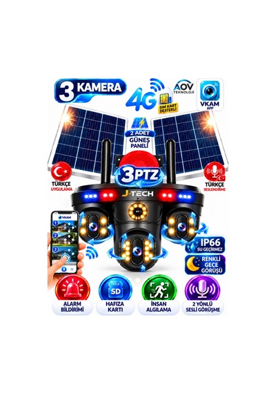 J-tech Solarmax-3ptz 4k 3 Kamera 4g Solar Sim Ptz Sesli Akıllı Takip Zoom Güvenlik Kamera 7/24 Korum