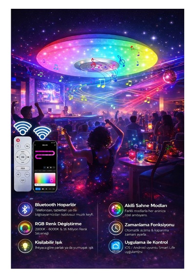 Kenly Smart Rgb Led Tavan Lambası Bluetooth Hoparlörlü 60w Müzik Senkronlu Renk Değiştiren Akıllı Avize