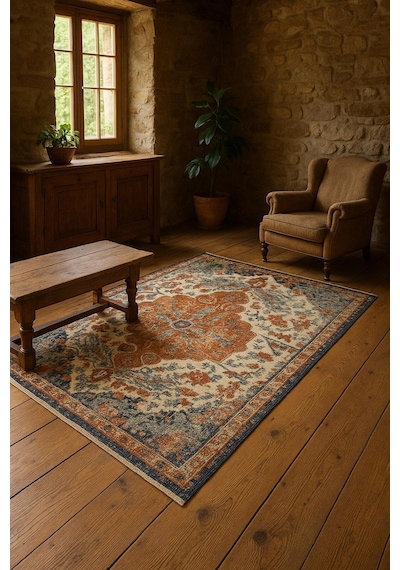 Vintage Desen Turuncu Mavi Renk Modern Halı Dekoratif Kilim Turuncu