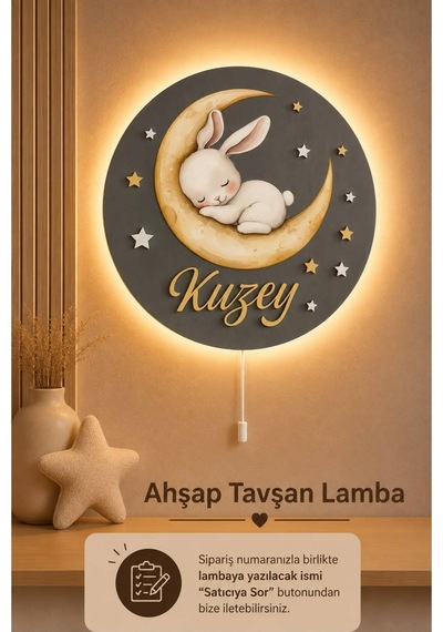 Ahşap Sarı Aylı Tavşan Lamba İsme Özel Pilli Ledli Gece Lambası Bebek Çocuk Odası Gri