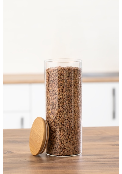 Porsima 4-4 Bambu Borosilikat Vakumlu Kapaklı Yuvarlak Cam 8li Kavanoz Seti Saklama Kabı 2100ml 10x30cm