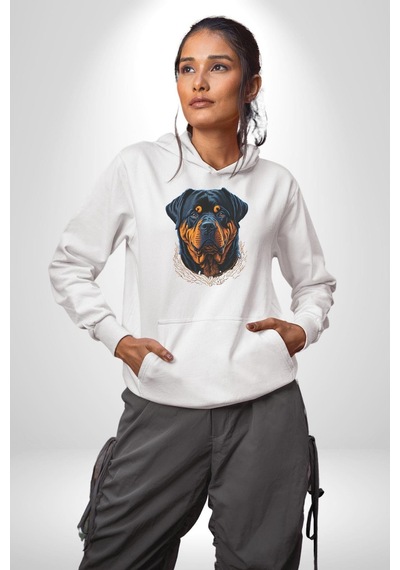 Rottweiler Koca Kafa Kadın Erkek Beyaz Kapüşonlu Sweatshirt Hoodie Beyaz