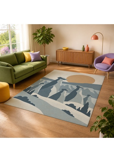 Kartela Halı Kapadokya Peri Bacası Desenli Halı Mavi Kaymaz Taban Makinede Yıkanabilir 200x300 Cm