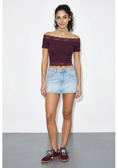 Shade Kadın Madonna Yaka Dantel Detaylı Soft Touch Crop Bluz 0992 60286052 - Mürdüm