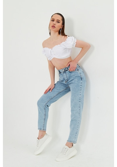 Kutaf Kar Yıkama Açık Mavi Slim Fit Mom Jean Açık Mavi