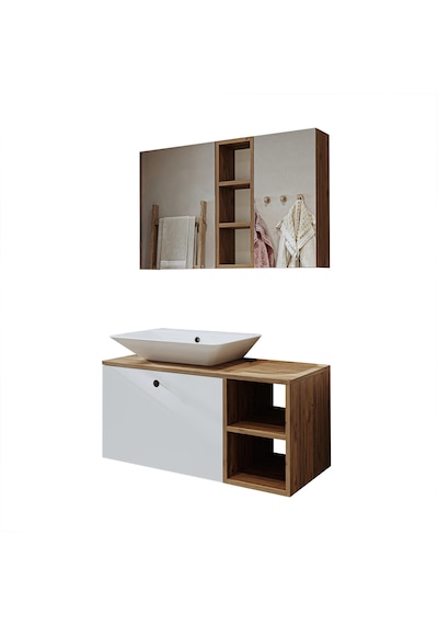 Lotus Lavabolu Mdf 95 Cm Banyo Dolabı + Aynalı Üst Dlp Atlantik Çam - Beyaz