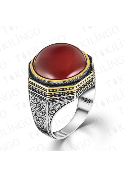 Takılingo 925 Ayar Gümüş Yuvarlak Kırmızı Akik Taşlı Erkek Yüzük Gümüş