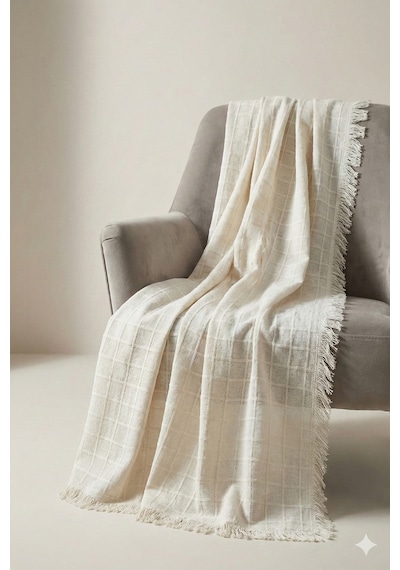 Cozy Tekli Koltuk Örtüsü Buldan Bezi Püsküllü Ekru 180x180 Cm