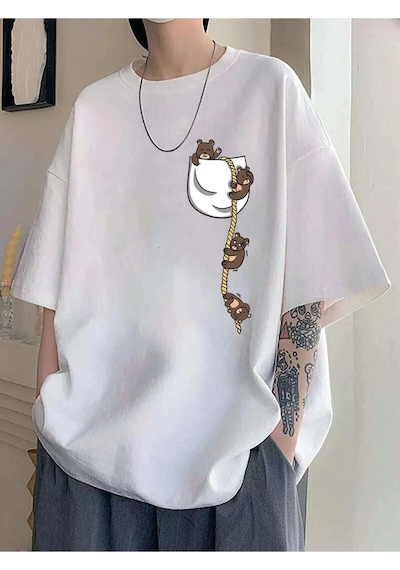 Tarzsokak Cep Ayıcık Baskılı Oversize Unisex Pamuk Beyaz