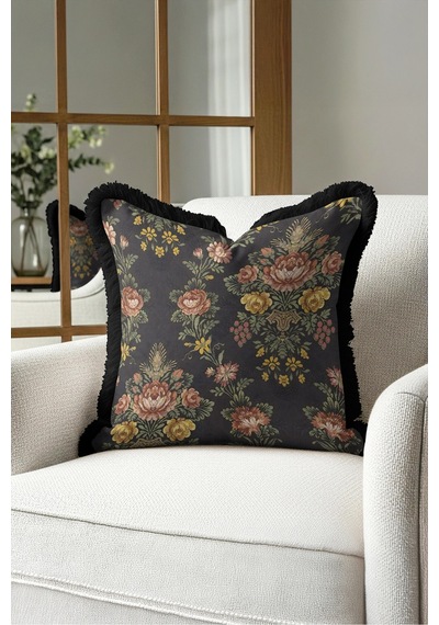 Vintage Çiçek Şato Zarafeti Saçaklı Yastık Kılıfı-goblen Floral Retro Hardal Püsküllü Kırlent Kılıfı Gri