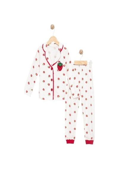 Çilek Desenli Yakalı Önü Düğmeli Kız Çocuk Pijama Takımı