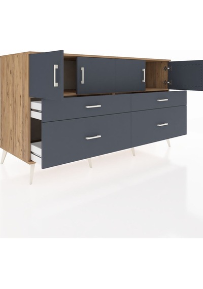 Kronos Konsol 2 Raflı 4 Çekmeceli 4 Kapaklı 176x59x99 Çam-antrasi Çam-antrasit