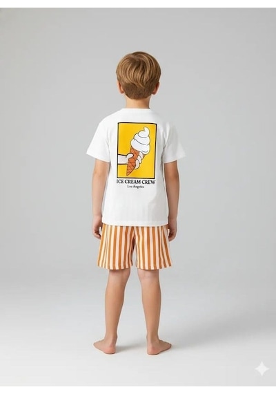 Magu Unisex Çocuk Pamuklu Beyaz Dondurma Baskılı T-shirt Ve Çizgili Şort Takım - Yazlık Çok Renkli Magu Unisex Çocuk Pamuklu Beyaz Dondurma Baskılı T-shirt Ve Çizgili Şort Takım - Yazlık Çok Renkli