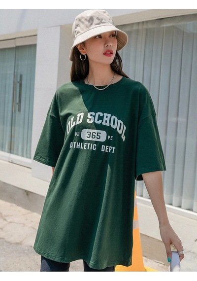 Kadın Yeşil Oversize Old School T-shirt - Oversize Baskılı Yeşil