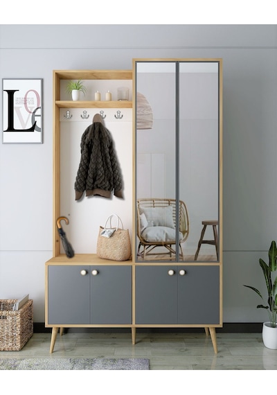 Floradesign Venus Vestiyer / Aynalı Vestiyer / Antre Portmanto Meşe+antrasit