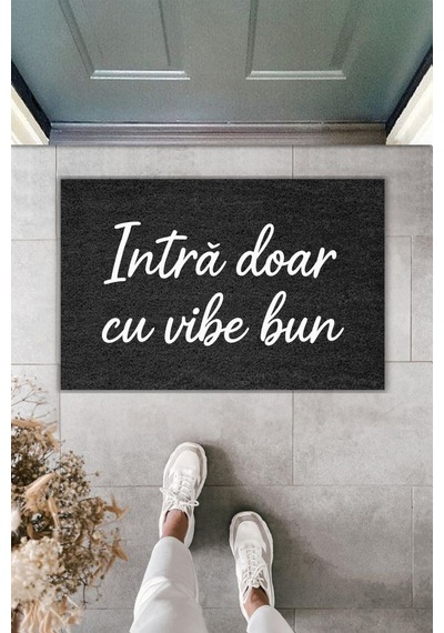 Rugmood Modern Dijital Baskı Intră Doar Cu Vibe Bun Yazılı Kapı Önü Paspası Siyah
