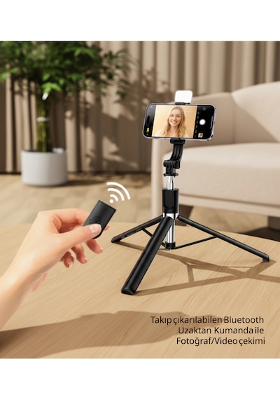 Genz Bilişim Led Işıklı Selfie Çubuğu Ve Bluetooth Kumandalı Kablosuz Selfie Stick Max: 70 Cm Uzunluk Siyah