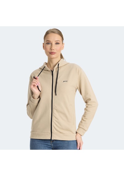 Slazenger KINET Kadın Fermuarlı Kapüşonlu Cepli Bej Sweatshirt
