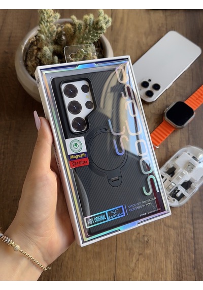 Samsung Galaxy S24 Ultra Uyumlu Karbon Desenli Standlı Ve Magsafe Uyumlu Kılıf Soocase700 Siyah